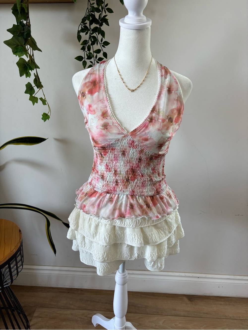 & Other Stories Pink Floral Smocked Halter Tank